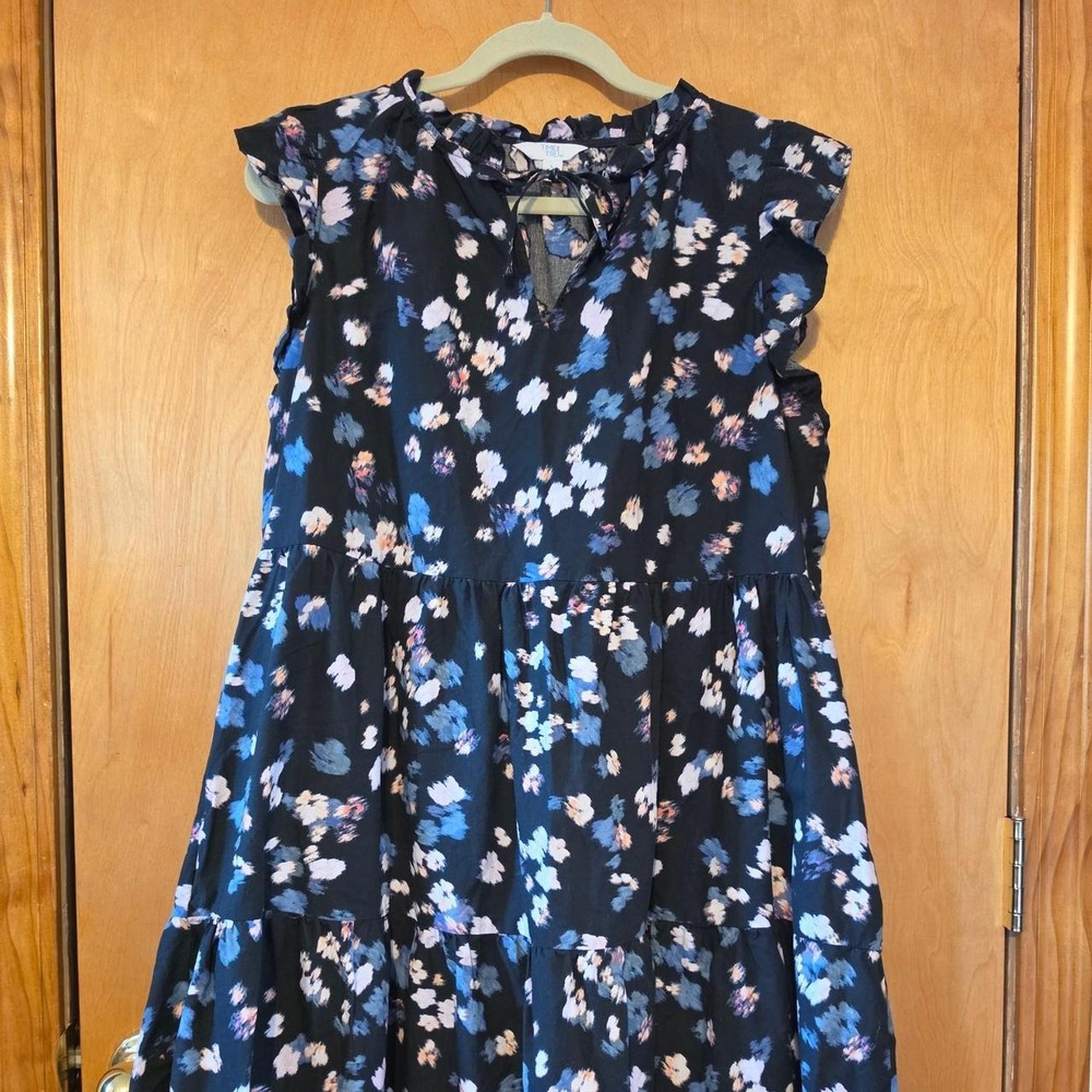 Time and Tru Womens Floral Tiered Knee Length Dress Black Blue Pink Large 12-14
